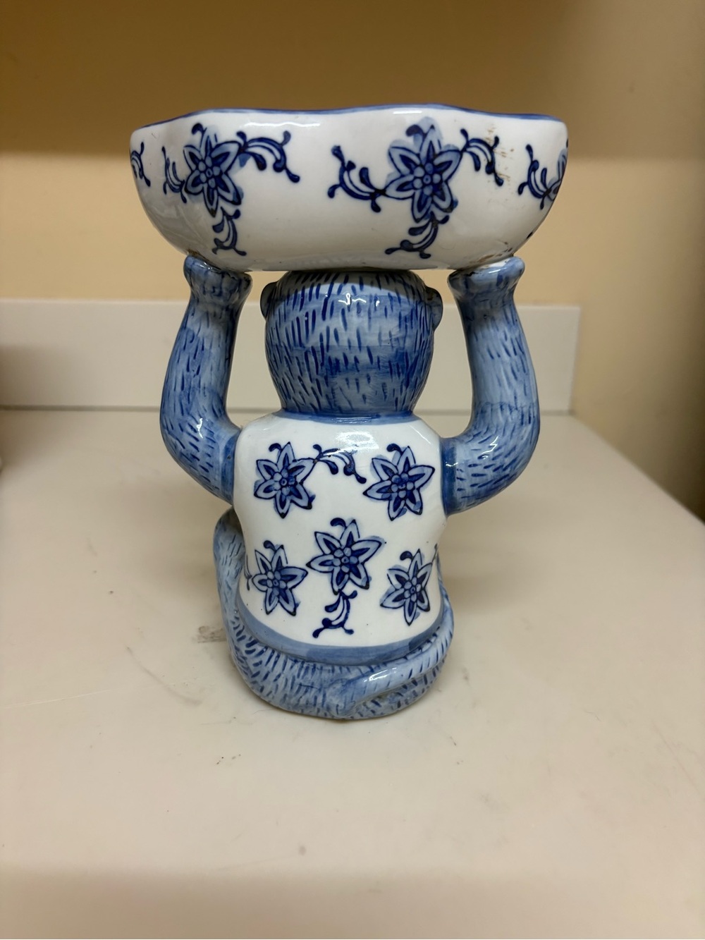 Vintage Blue and White Ceramic Monkey Bowl Figurine - Picture 2 of 3